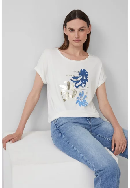 Свободна тениска с овално деколте - Бял - Златист - Син -