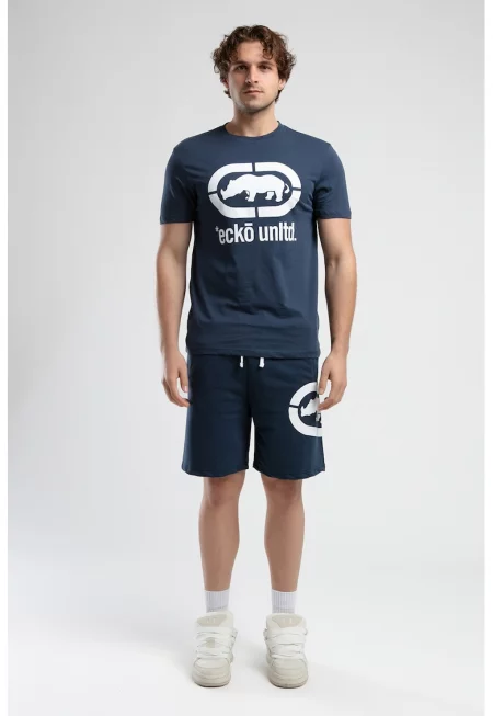 Тениска с овално деколте и лого - Бял/Тъмносин