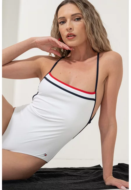 Цял бански с връзки на гърба - Бял