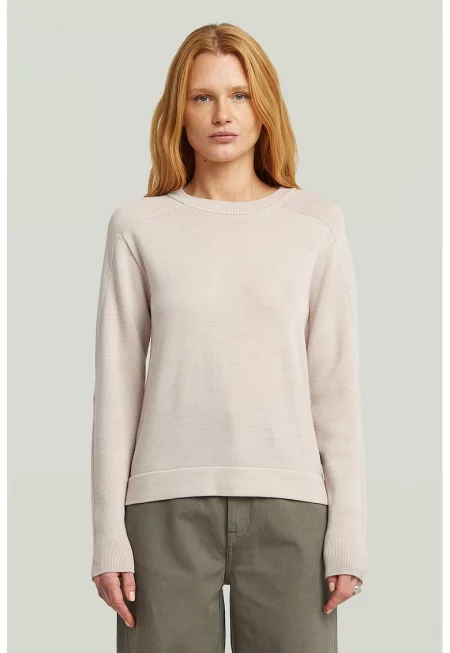 Вълнено плетено поло с овално деколте - Крем