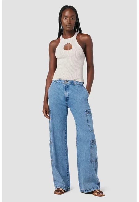 Blugi cargo cu croiala larga si talie inalta - Син