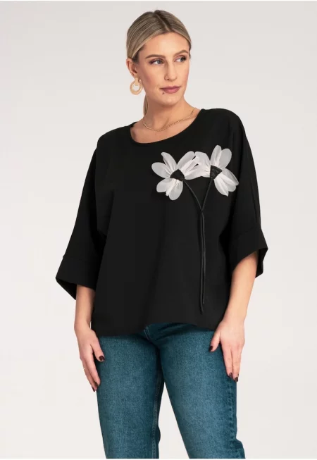 Дамска блуза - Фигл - Цвете - Памук/Полиамид/Еластан - Черна - Един размер