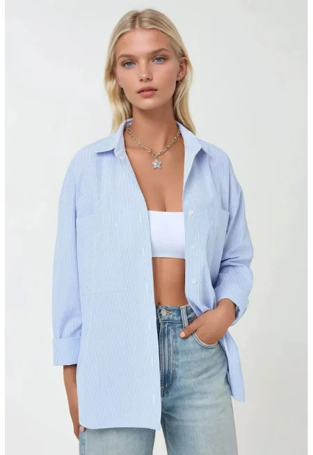 Дамска риза -  текстил - на райета - синьо/бяло