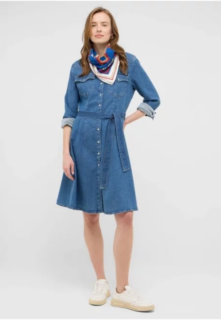 Дамска рокля -  Style Elisa Denim Dress - Regular Fit - с яка - дълги ръкави - акцент деним - копчета - памук - синя - Син