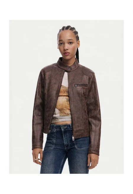 Дамско яке  25SWEW46 - Кожено - Рециклиран полиестер - Кафяв - Кафяв
