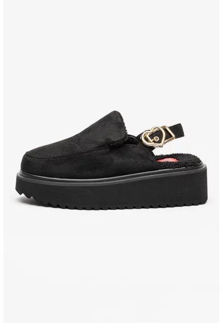 Домашни пантофи с равна платформа и тока - Черен