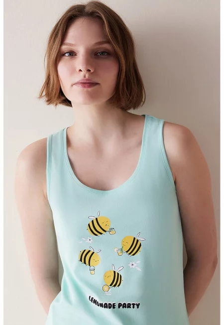 Горнище на пижама с овално деколте - Жълт/Ледено синьо