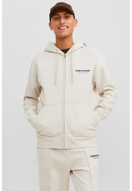 Худи с паднали ръкави и цип - Крем