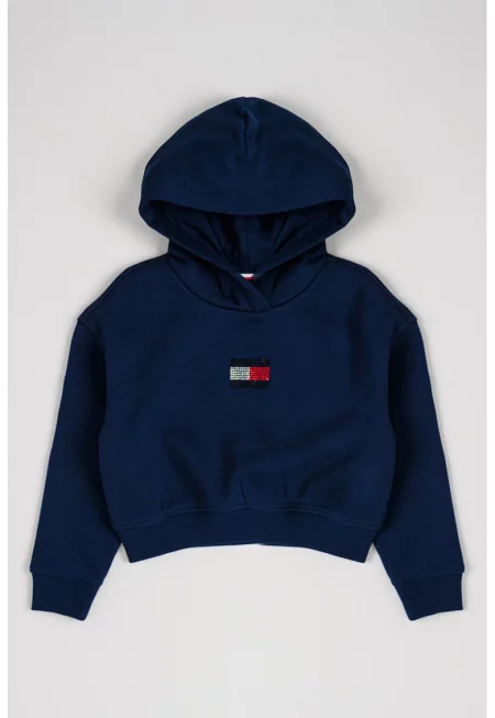 Худи с памук с декоративни камъни - Тъмносин