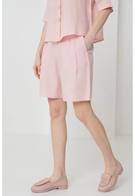 Къс свободен панталон от лен - Пастелнорозов