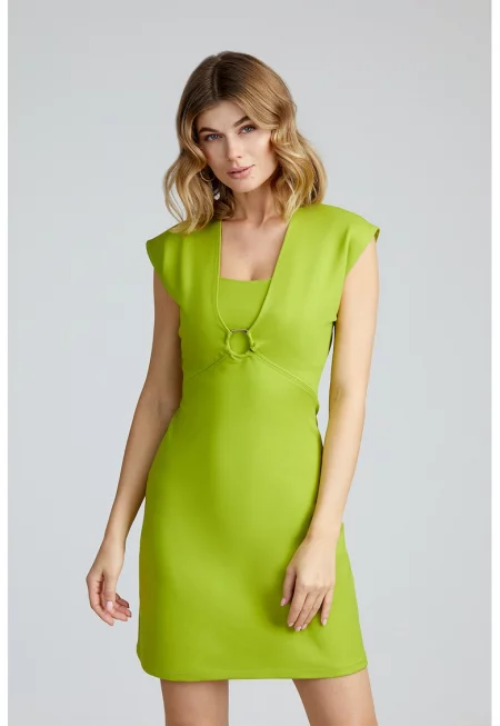 Къса рокля с дълбок шпиц - Сламеножълт