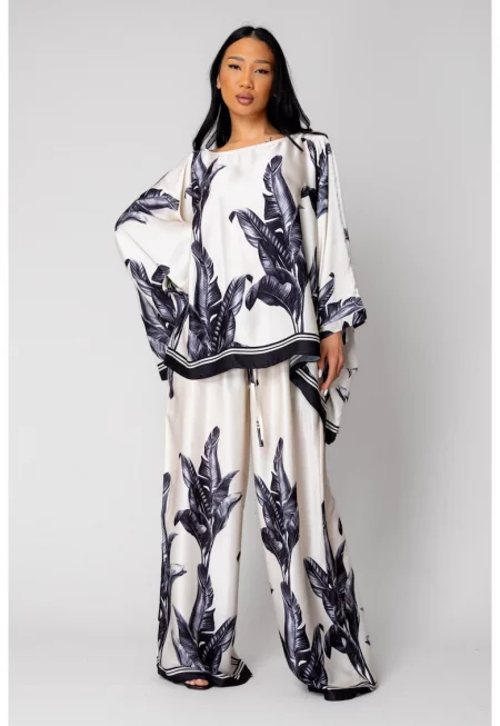 Комплект от блуза и дълъг панталон в копринена смес Off White/ Black 15866