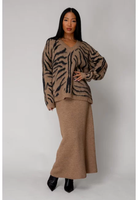 Комплект Пуловер и Дълга пола Черен/Кафяв 18271 - Кафяв