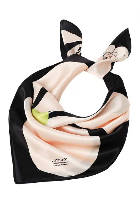 Копринен флорален шал - Черен/Мръснобял