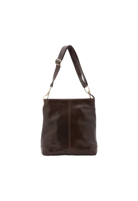 Кожена чанта 210291 за рамо с регулируема и отделяща се презрамка - Тъмнокафяв