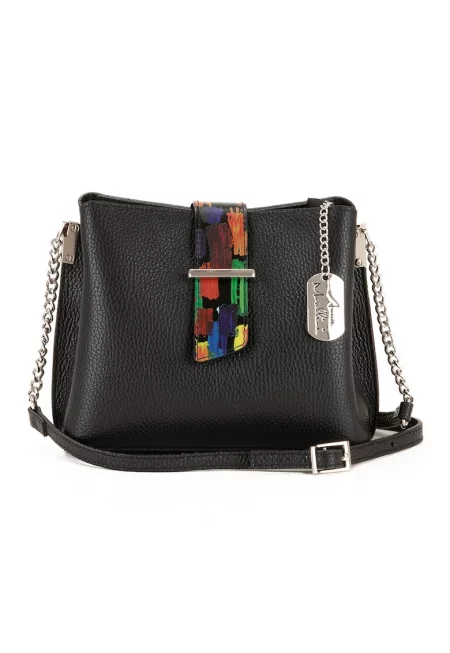 Кожена чанта през рамо Vida с релеф - Черен