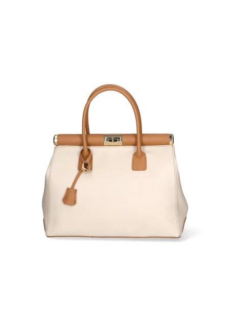 Кожена чанта с отделяща се презрамка - Слонова кост/Карамел