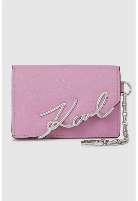 Кожено портмоне с метално лого - Светлорозов/Сребрист