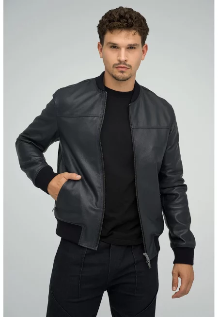 Кожено яке с джобове с цип - Тъмносин