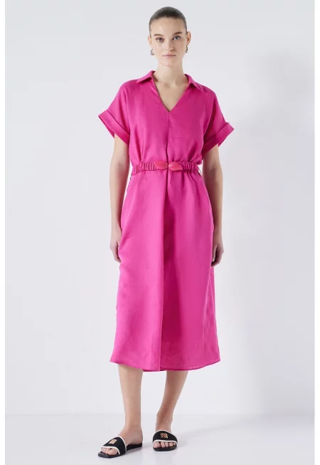 Ленена рокля тип риза с шпиц - Фуксия