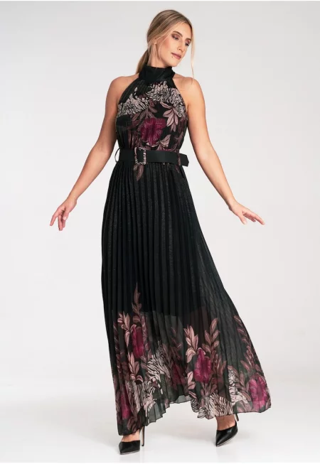Макси рокля  черна - плисирана - полиестер - без ръкави - Един размер