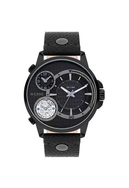 Мъжки часовник  кварцов механизъм - водоустойчивост 5 ATM - черен - кожена каишка