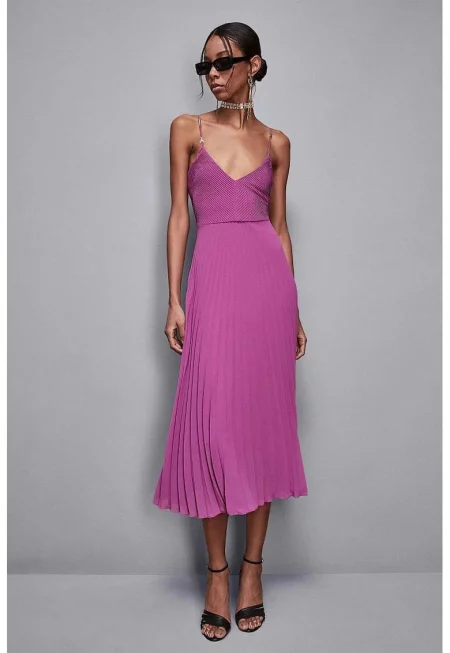 Миди рокля - плисирана - с регулируеми презрамки - Лилав