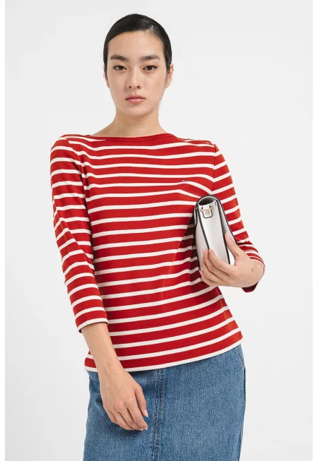 Памучна слим блуза с 3/4 ръкави - Бял/Керемидено червено