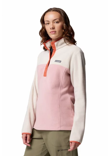 Поларена трекинг блуза с къс цип - Пастелнорозов/Мръснобял