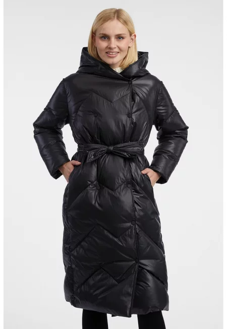 Пухено дълго яке с колан - Черен