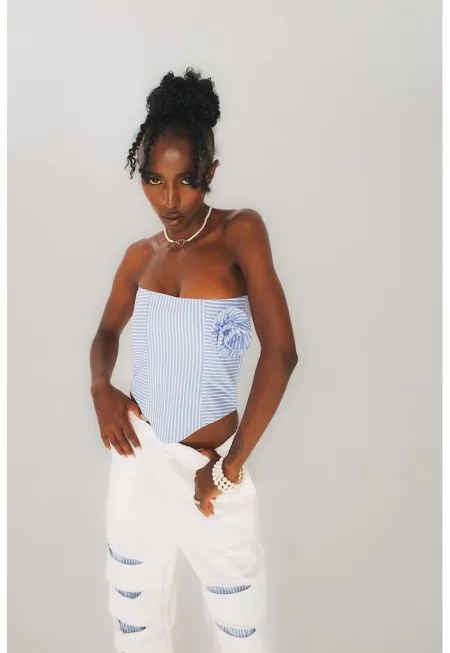 Раиран памучен топ - Бял/Син