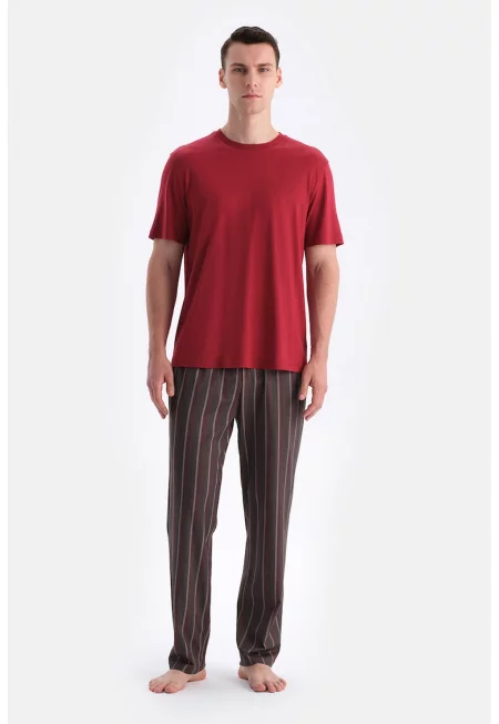 Раирана пижама от памук - Червен/Кафяв