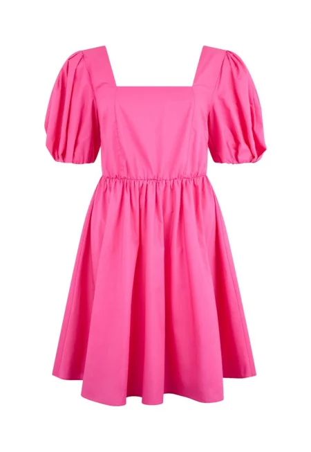 Разкроена къса рокля с бухнали къси ръкави - Светлорозов