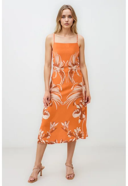 Разкроена роклп с тънки презрамки - Оранжев/Тъмнокафяв/Крем