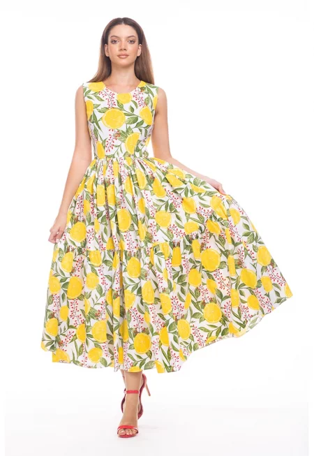 Разкроена рокля с джобове встрани - без ръкави - Червен/Зелен/Жълт