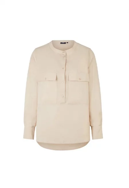 Риза с обла яка и закопчаване с копчета отпред - Бежов