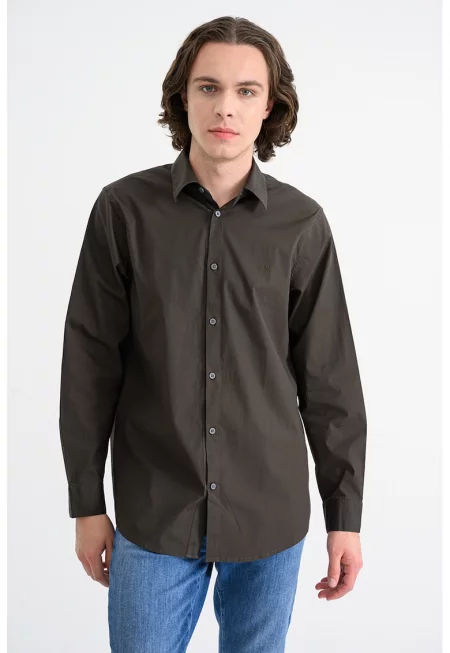 Риза с памук и класическа яка - Тъмнокафяв