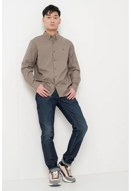 Риза с памук с копчета на яката - Сиво-кафяв