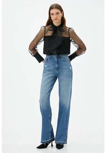 Риза с панделка и ефирни панели от шифон