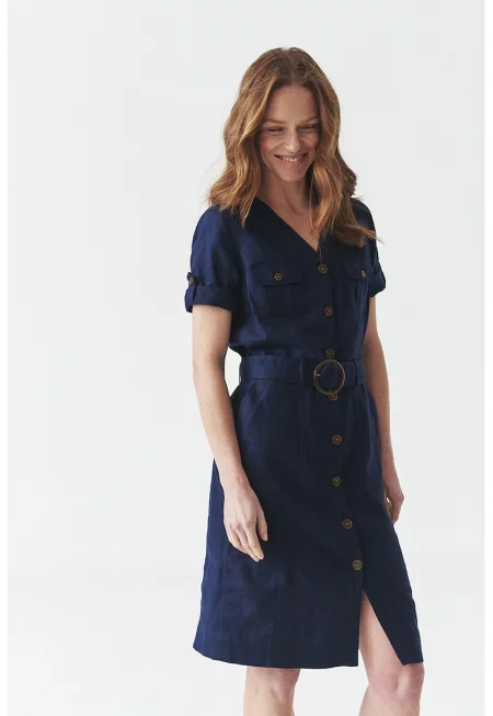 Рокля с къси ръкави и копчета - Тъмносин