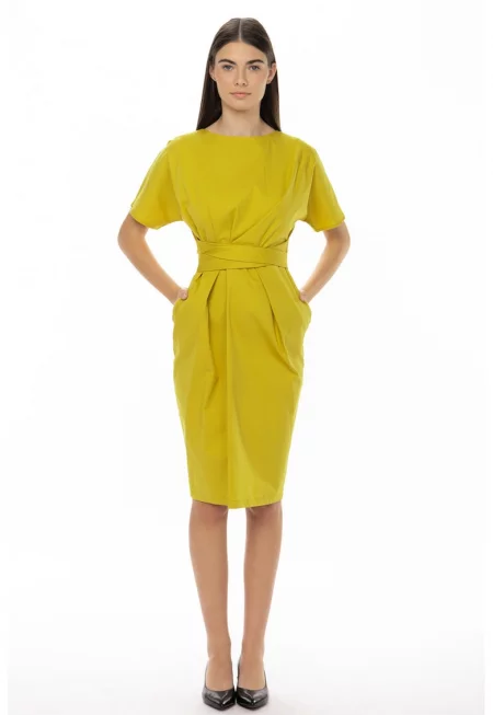 Рокля Tiffany с овално деколте и джобове - Синапено жълто