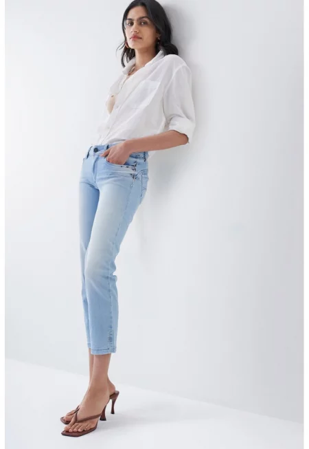 Скъсени прави дънки със средна талия - Светлосин