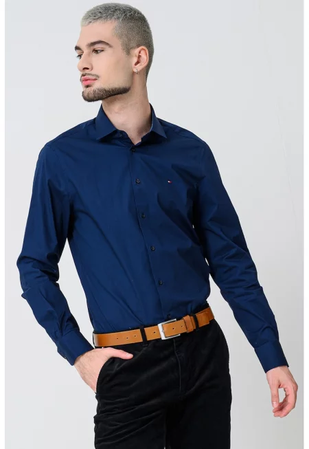 Слим риза с памук - Тъмносин