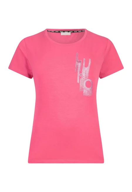 Слим тениска с лого от декоративни камъни - Фуксия