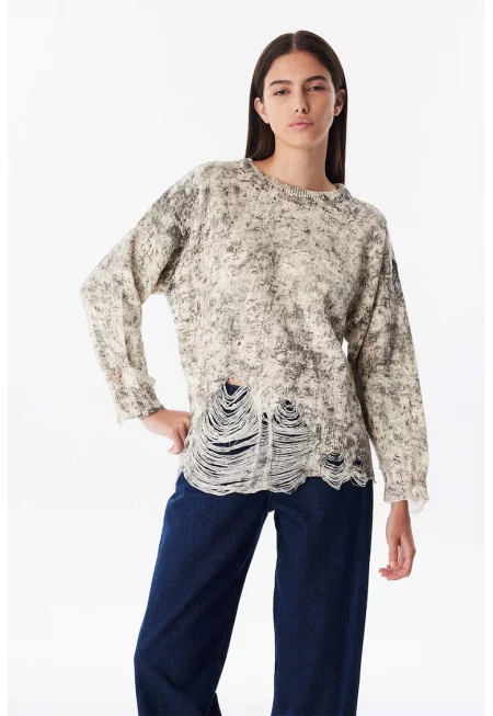 Свободен пуловер с протрити зони - Сив/Крем