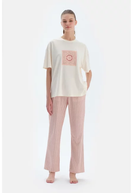 Свободна пижама с модал и принт - Мръснобял/Прашно розово