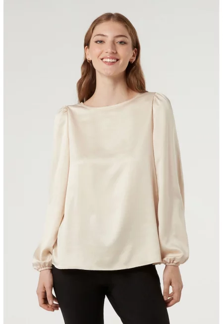 Свободно падаща сатенена блуза - Камел