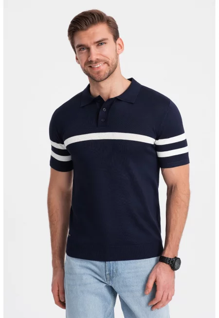 Тениска с яка и контрастни ивици - Тъмносин