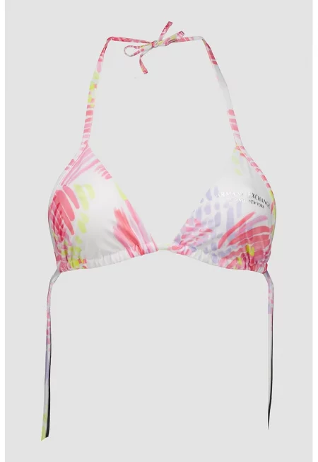 Триъгълен горен бански с принт - Бял/Розово/Лайм зелено