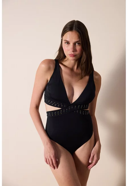 Цял бански с отвори и шпиц - Черен